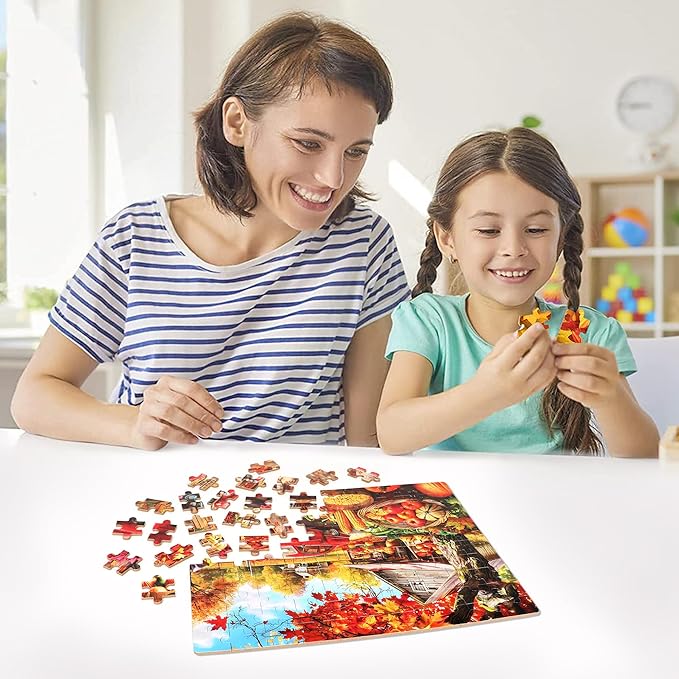 LELEMON Autumn Jigsaw Puzzles in a Metal Box 100 Pieces Autumn Pumpkin Red Car Maple Leaves Jigsaw Puzzle for Kids Ages 4-8 Children Learning Educational Puzzles Toys