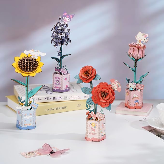 Hands Craft Hello Kitty and Friends Cinnamoroll Sunflower 3D Wooden Puzzle Kit | DIY Flower Model | Arts & Crafts | Creative Hobby Kits | Cinnamoroll Character | Wood Building Set