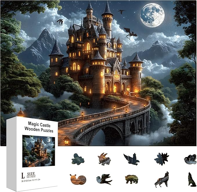 GLOBLELAND 300Pcs Night Magic Castle Wooden Jigsaw Puzzles for Adults 11.22x15.16inch Colorful Dragon and Castle Wood Puzzles for Holidays Birthday Gifts