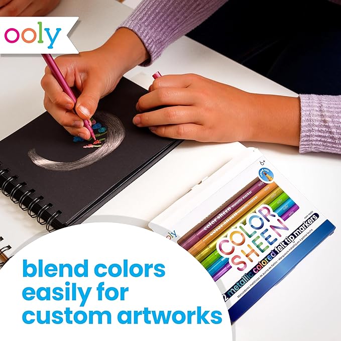 Ooly Metallic Colored Felt Tip Markers Set of 12, Unique Solid Colors for White or Black Paper, Drawing and Coloring Pens for Kids and Adults, Colorful School Supplies for Any Arts and Crafts