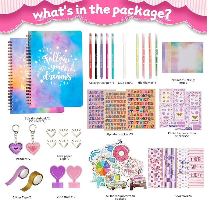 2-PC DIY Journal Kit for Girls Age 8-14, DIY Journal Set for Teen Girl,Christmas|Birthday Gift for 8 9 10 11 12 13 14 Year Old Girl Ideas, Stationery|Scrapbook|Diary Art Crafts Supplies Toy Set