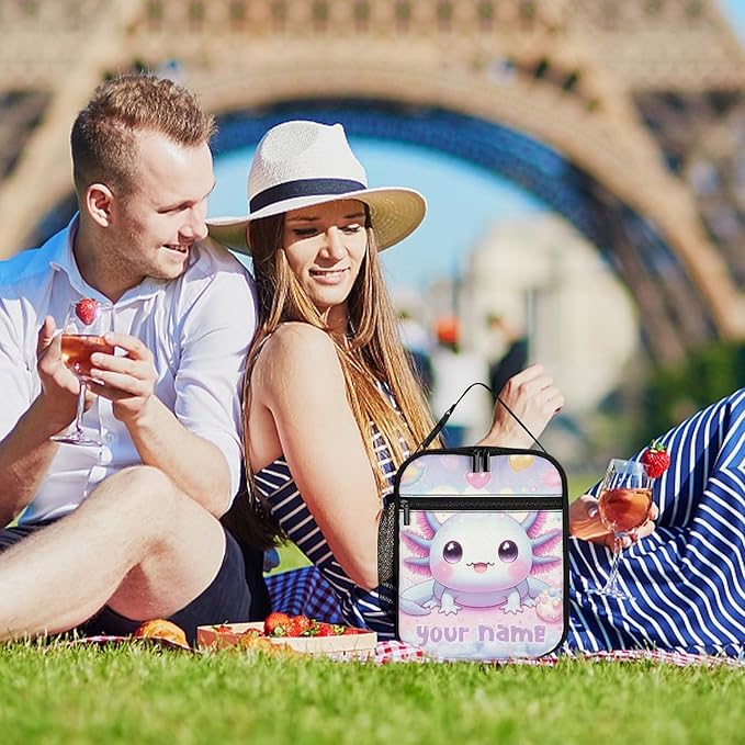 Custom Axolotl Lunch Box - Cute Reusable Axolotl Lunch Bag for Women Men Kids - Small Portable Foldable Insulated Lunchbox for School Work Picnic