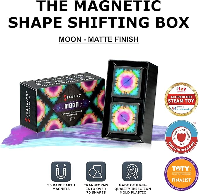 SHASHIBO Shape Shifting Box - Award-Winning, Patented Fidget Cube w/ 36 Rare Earth Magnets - Transforms Into Over 70 Shapes, Gift Box, Download Fun in Motion Toys Mobile App (Moon, 2 Pack)