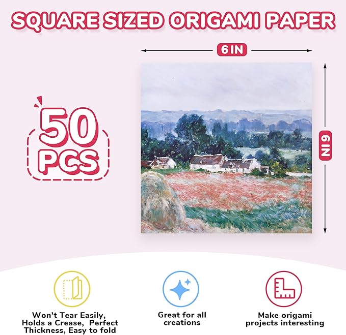 Monet-Inspired Origami Paper - 50 Sheets 6x6 Inches - Impressionist Art Double-Sided Colored Folding Paper for Adults, Artists & Kids, Ideal for Scrapbooking, Card Making and DIY Crafts