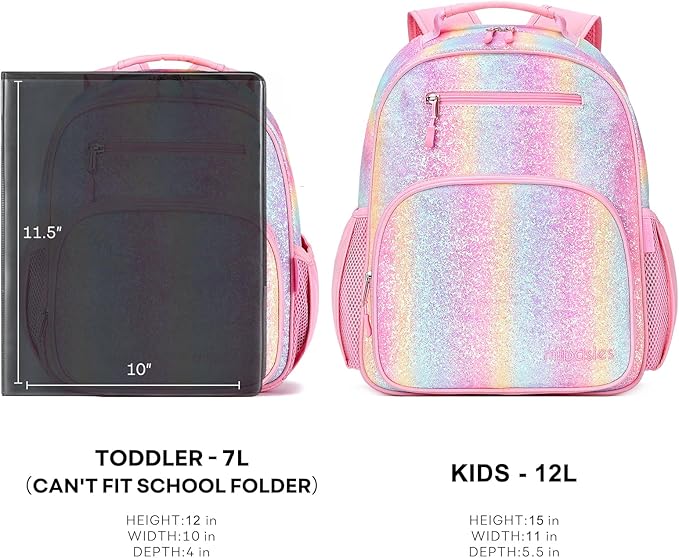 mibasies Toddler Backpack for Girls 2-4: Glitter Kids Backpacks for Girls - Preschool Kindergarten Backpack - Rainbow Pink