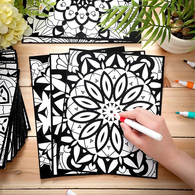 Zhanmai Pack of 48 Mandala Velvet Coloring Posters and Watercolor Pens Flower Fuzzy Velvet Coloring Posters for Adults Teenagers Large Poster for Classroom Festive Holiday Crafts Activity