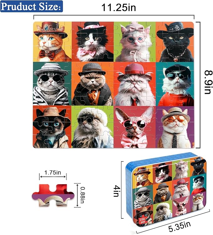 LELEMON Cat Jigsaw Puzzles in a Metal Box 100 Pieces Cat Jigsaw Puzzle for Kids Ages 4-8 Children Learning Educational Puzzles Toys