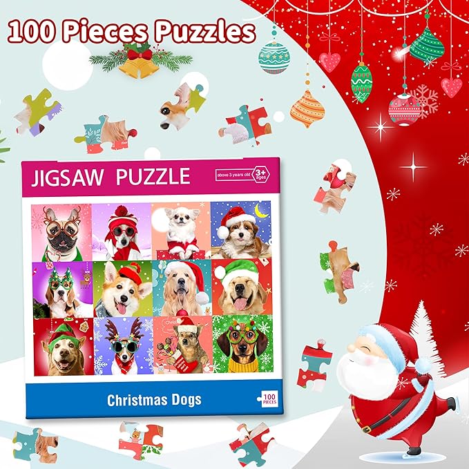 Puzzles for Kids Ages 4-6 6-8 8-10, Christmas Dogs 100 Piece Puzzles for Kids, Christmas Puzzle Jigsaw Puzzles for Adults Kids Puzzles 4-6 5-8, Xmas Gifts Christmas Stocking Stuffers for Boys Girls