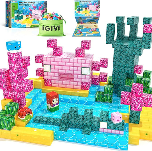 Magnetic Blocks - Build Mine Magnet World Ocean Set, Magnets Building Toys for Kids Ages 3-5 4-8, STEM Montessori Sensory Toys for Toddler 3+ Year Old Girls Boys, Classroom Must Haves Supplies
