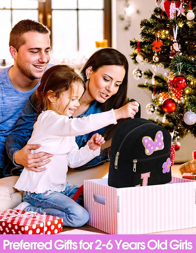 2 3 4 5 6 Year Old Girl Gifts Chenille Initial Mouse Bow Mini Backpack, Corduroy Toddler Backpacks Christmas Birthday Gifts for Girls 2-4 5-6, Black Mini Diaper Bag Must Haves for Park Travel Letter J