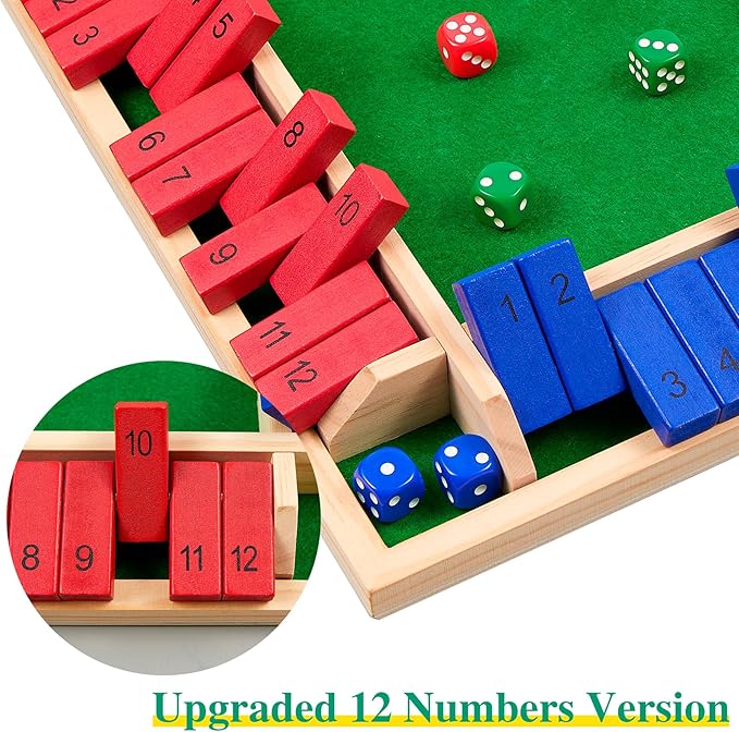 14 inches Shut The Box Dice Game, 2-4 Player Upgraded 12 Numbers Wooden Board Table Math Games for Adults and Kids, 12 Dices Classics Tabletop Version Games for Classroom,Home,Party or Pub
