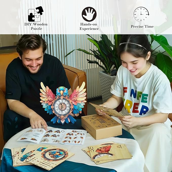 KAAYEE 3D Puzzle for Adult, Wooden Parrot Pendulum Clock Mechanical Model Kit, 33 PCS DIY Vintage Wall Clock Building Kit, Creative Craft Gift for Birthday Home Decor (Battery Not Included)