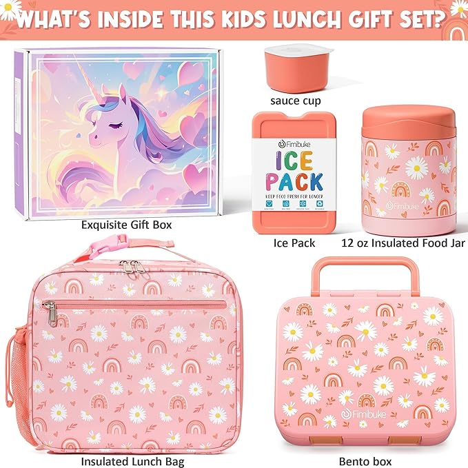 Fimibuke Bento Lunch Box for Kids with Thermos, 3-Compartment 32OZ Snack Lunch Container, Lunch Bag, 12OZ Insulated Food Jar & Ice Pack Set for Age 3-12 School Daycare Toddler Teen Girls Boys, Rainbow