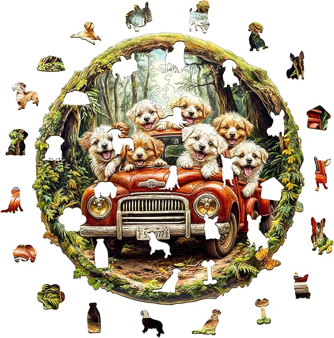 Wooden Puzzles for Adults - 200 Pieces Dog Truck Wooden Puzzle - Unique Animal Shape Wood Cut Puzzles - Eco-Friendly Home Office Decor (M-11.4 * 11.4in)