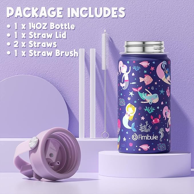 Fimibuke Kids Bento Lunch Box with 4 Compartments, Insulated lunch Bag, Stainless Steel Insulated Water Bottle, Ice Pack & Utensils Set, Birthday Gifts for Ages 3-12 Back to School Toddler Girls Boys