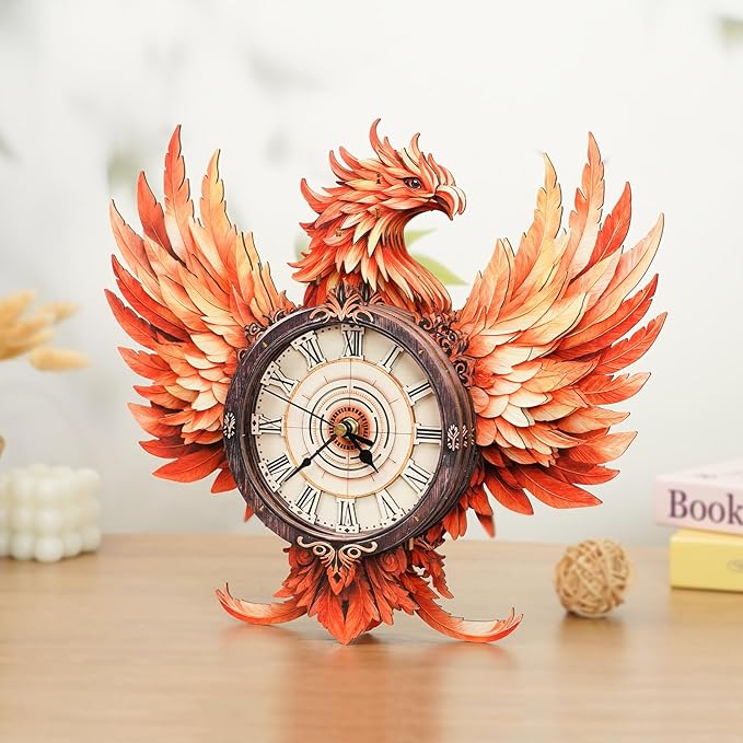 KAAYEE 3D Puzzle for Adult, Wooden Flame Phoenix Pendulum Clock Mechanical Model Kit, 33 PCS DIY Vintage Wall Clock Building Kit, Creative Craft Gift for Birthday Home Decor (Battery Not Included)