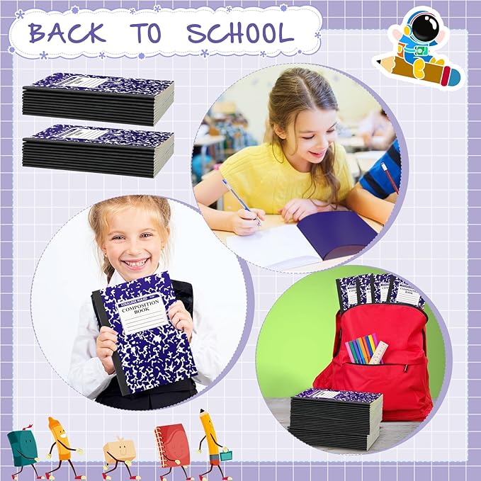Fainne 100 Pack A5 Composition Notebooks Bulk College Ruled Composition Notebooks Marble Covers Notebook for Student Classroom Office Supplies 30 Sheet/60 Page(Purple)