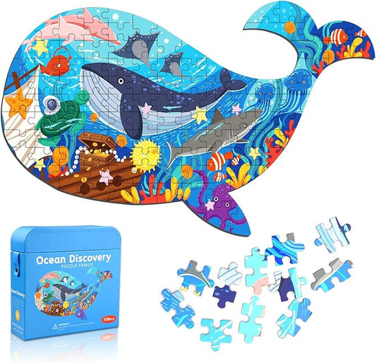 Jigsaw Puzzles for Kids Ages 4-8, 108 Pieces Whale Shaped Cardboard Puzzles for Animal Lovers, Sturdy Floor Puzzles Box and Poster, Educational Toys Gift for Boys Girls, 23.38 x 14.72 Inch