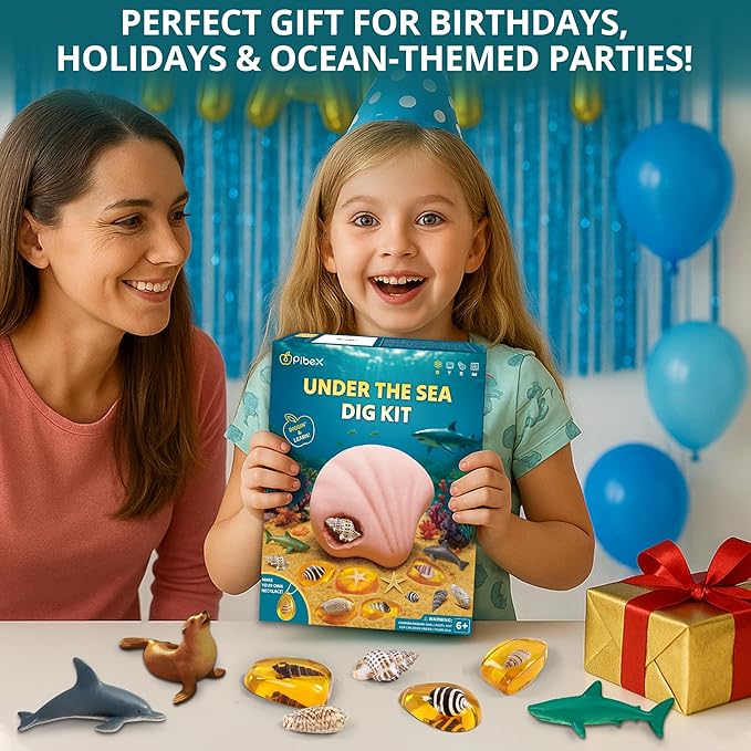Under-The-Sea Dig Kit – Dig & Discover 18 Real Shell Fossils, Amber Jewelry & Sea Animal Creatures – Ocean Necklace Making & STEM Excavation Activity Toy for Kids Ages 6+