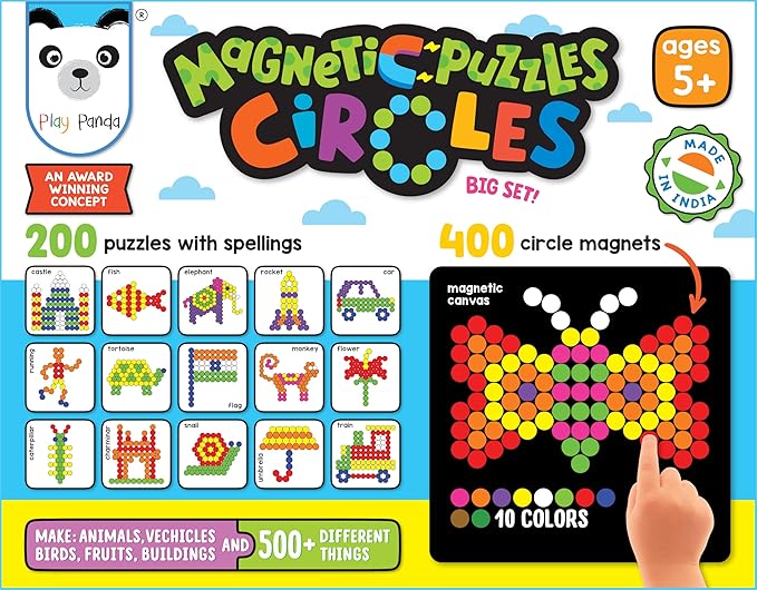 Magnetic Tangram Puzzles Toys for Kids | 400 Magnet Circles Shapes with 200 Patterns Booklet, Board & Display Stand | STEM Educational and Learning Games for Ages 4 5 6+ Years|Gifts for Girls & Boys