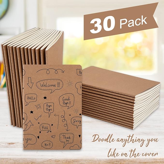 30 Pack A5 Kraft Notebooks, 80 Lined Pages Journal Notebook Bulk, 8.3 X 5.5 Inches, Kraft Cover Notebook, Travel Journal Bulk for Kids, Students, Office Supplies (Brown)