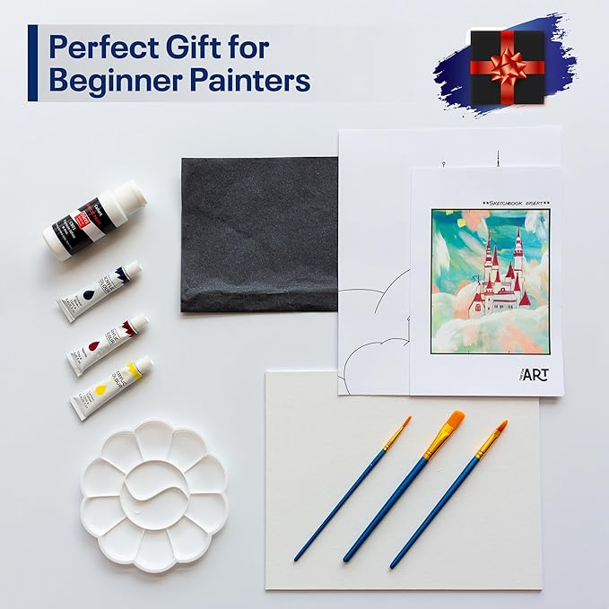 Painting4Real DIY Painting Class Kit for Adults with Video Tutorials: Learn to Paint Pink Castle – How to Paint with Acrylics – Painting & Art Supplies – 9 Piece Acrylic Paint Set