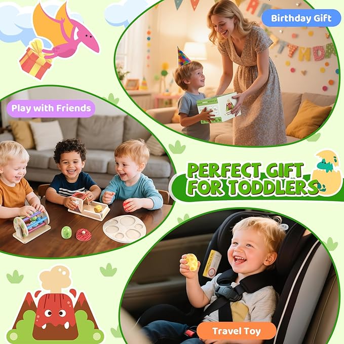 Montessori Wooden Baby Toy Dinosaur Egg Toy Set for 6+ Months, Spinning Drum, Object Permanence Box Ball Drop Toy, Stacking Matching Shape Puzzle Game Early Learning Gift for Toddlers (Neutral Colors)