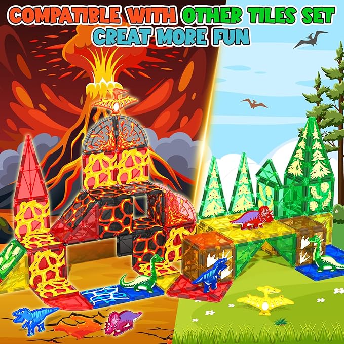 Dinosaur Toys Magnetic Tiles Lava Dinosaur World Set - Kids Games for 3+ Year Old Boys & Girls, Magnetic Blocks for Kids Ages 3-4 5-7 8-13 STEM Preschool Learning Montessori Toddler Toys