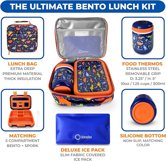 Bento Box with Thermal, Stainless Steel Food Jar for Hot-Cold Food or Soup, Insulated Lunch Bag and Ice Pack Set for Kids or Toddlers. Ages 3 to 7, Blue Dinosaur