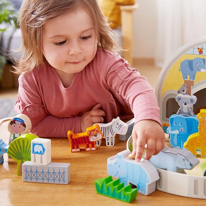 HABA Wooden Animal Playset - Play World at The Zoo, STEM Educational Toy with Zoo Animals & Accessories, Preschool Learning Toy for Ages 2+, Made in Germany