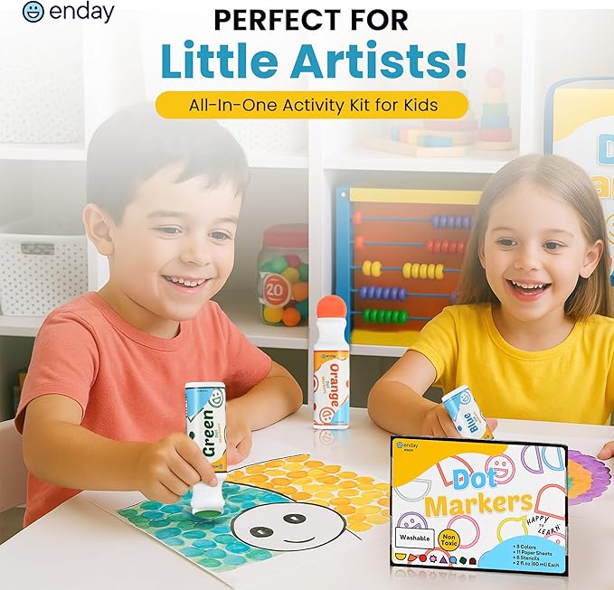 Enday Washable Dot Markers for Toddlers 1-3 - 8 Colors, Activity Sheets and Stencils Included - Bingo Daubers, Dot Art, Dot Markers for Toddlers 2-4 Years, Dot Paint for Toddler Arts and Crafts