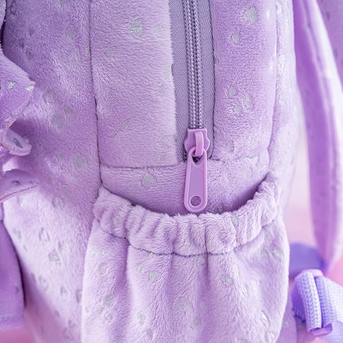 Gloveleya 11 Inches Toddler Backpack Baby Girl Gift Plush Bag Featuring Curly-Haired Doll Design with Silver Heart Accents in Soft Purple