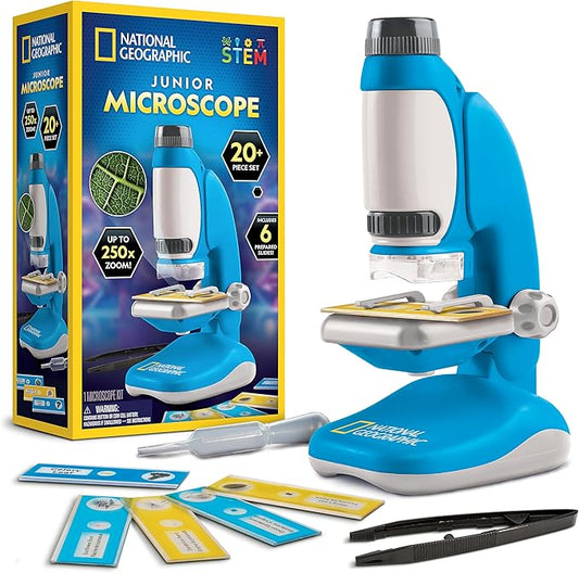 Blue Marble National Geographic Junior Microscope for Kids- Kit Includes Up to 250x Magnification Handheld Mini Attachment, 12 Slides, Lab Guide, Science Toy for Ages 6-12, STEM Project