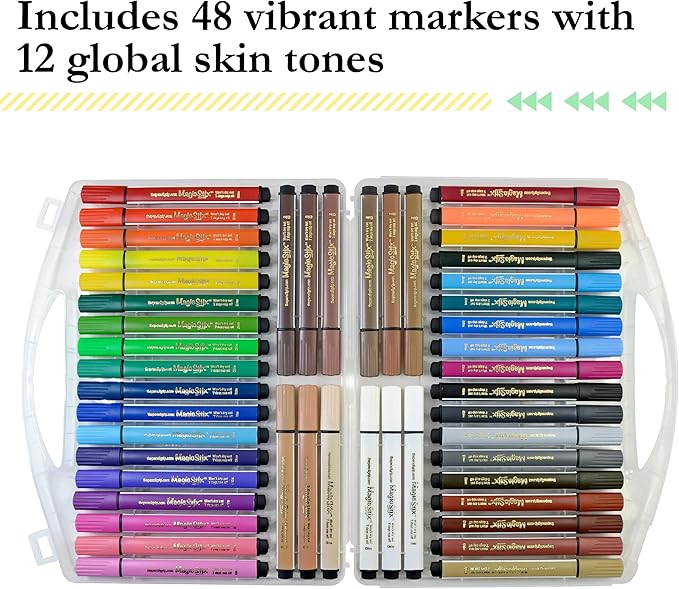 The Pencil Grip Magic Tri Stix, Non-Toxic and Washable Markers For Kids, 48 set, 36 Rainbow + 12 Global Skin Tone Markers, TPG-390