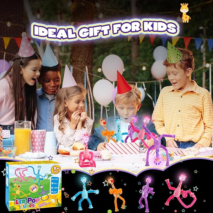 Sensory Fidget Toys for Kids : 4 Pack LED Giraffe Telescopic Pop Tubes 3 4 5 6 7 8 Year Old Girls Boys Halloween Birthday Gifts Toy for Kid Ages 3-5 Autism Toddler Travel Toy Party Favors