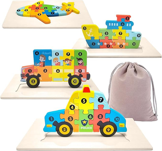 4-Pack Wooden Vehicle Puzzles for Kids Ages 3-5, Ideal Gift for Toddlers