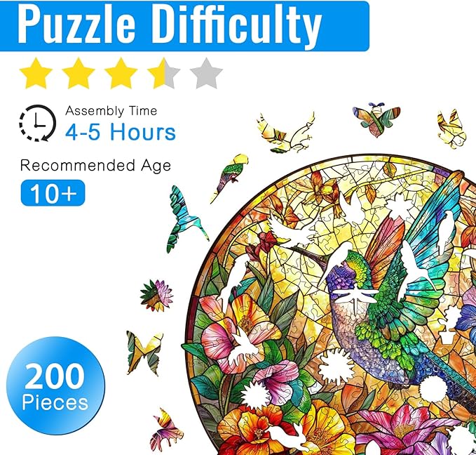 Wooden Puzzle for Adults, Stained Glass Hummingbird Puzzle, Unique Animal Shape Puzzles, Wooden Jigsaw Puzzles for Adults, Thanksgiving for Family Friend (M-11.4 * 11.4in - 200psc)