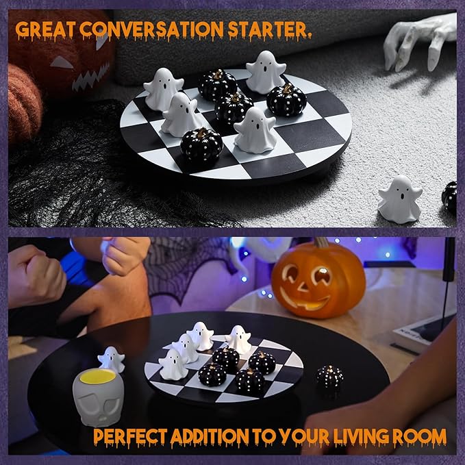 WDS WONDROUS Halloween Decor Tic Tac Toe Game Set with Cute 3D Resin Pumpkin&Ghost Pieces, 9.88" Round Wood Checker Board, Fun Coffee Table Decoration, Indoor Home Decor for Party, Gift,Black&White