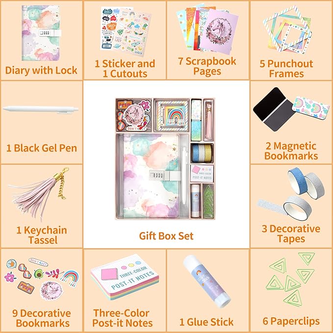 CAGIE DIY Journal Set for Girls Age 8-12, Gifts for 9-11 Year Olds, Diary with Lock for Girls' Birthday Gift, Personalize and Decorate Scrapbooks Kit