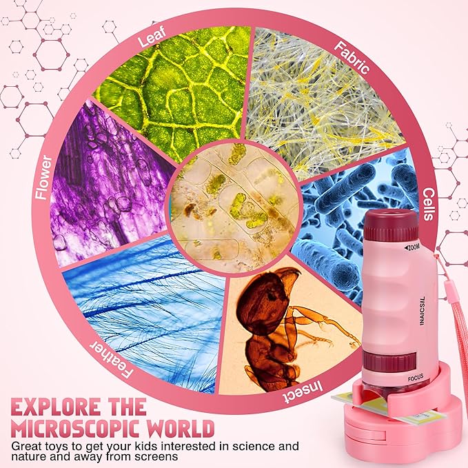 Portable Microscope for Kids Zoom 60x-180x,Handheld Mini Microscope STEM & Science Toys,LED Pocket Little Scientist Microscopes with 12pcs Slides,Gifts for 6,7,8,9,10+ Girls Boys(2PCS Pink)