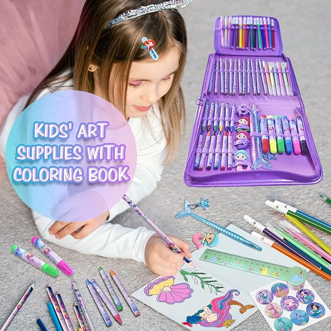 CORALMEE Mermaid Markers Set for Kids, 66 Pcs Drawing Art Supplies with Pencil Case, Markers, Crayons, Gel Pens, Stencils, Ruler, Birthday Gifts for Girls 4-9 Years Old, Ideal for Creative Fun