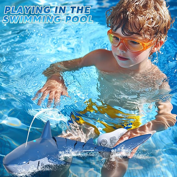 Remote Control Shark Toys for Boys Kids, 1:18 Scale High Simulation Shark for Pool, 2.4Ghz Electric RC Fish Boat Toys with Light & Spray, Toy Sharks Gifts for 6 7 8 9 Year olds Kid Boys Girls