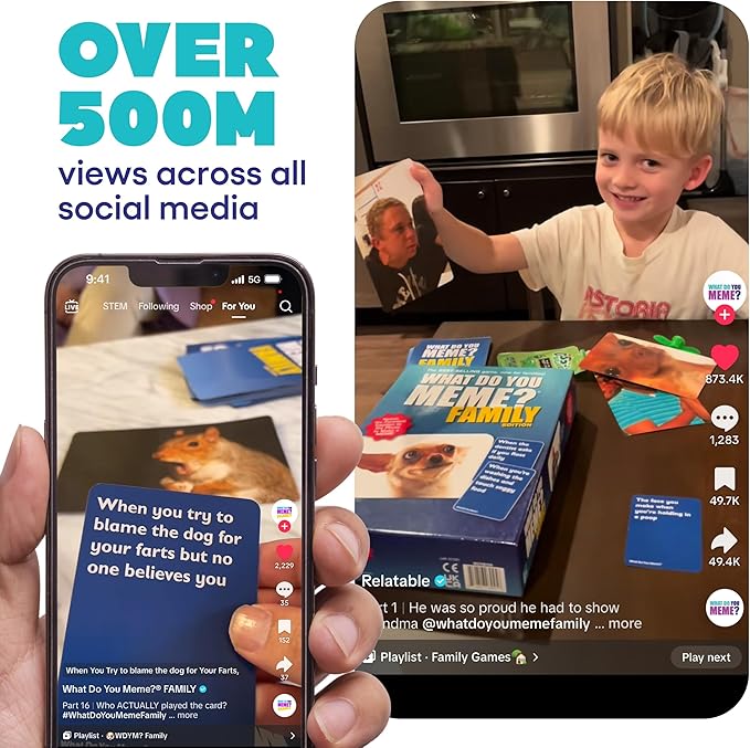 WHAT DO YOU MEME? Family Edition by Relatable, Now with Refreshed Content - Kids Games 8+, Family Games for Kids and Adults, The TikTok Viral Sensation, Includes 300 Caption Cards, 108 Photo Cards