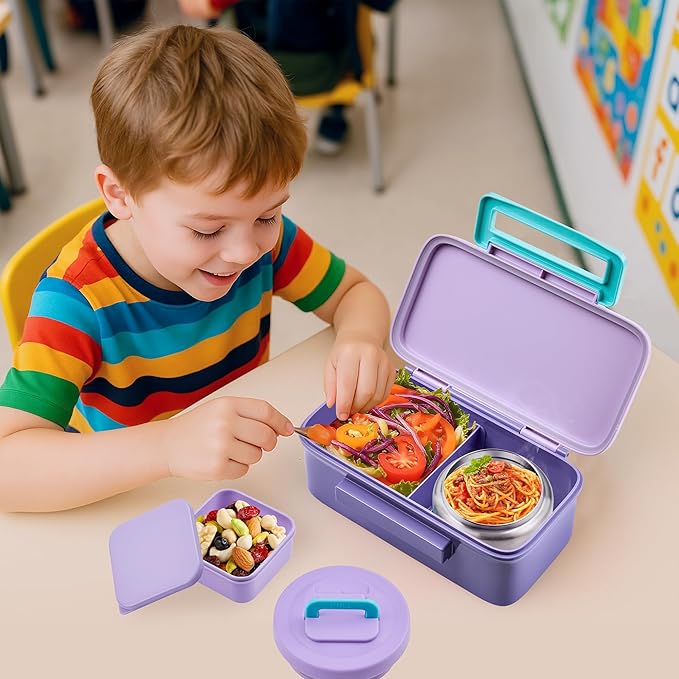 Lunch Box for Kids With 8oz Soup Thermo, Leak-proof Lunch Container with 2 Compartments, Thermo Food Jar Food Containers for Back to School Girls Boys (Purple)
