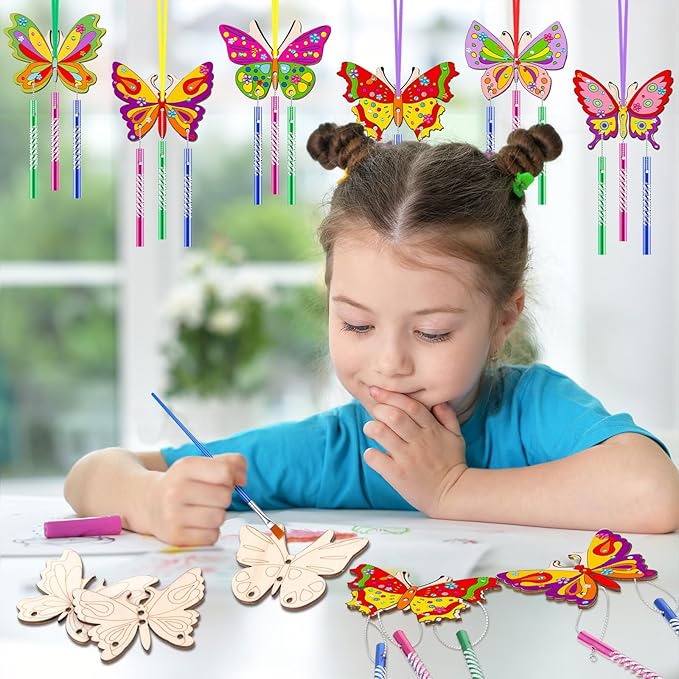 JellyArch 30 Pack Butterfly Wind Chime Making Kit for Kids Make Your Own Wind Chime Butterfly Wooden Crafts Ornaments for Girls Boys DIY Activity Birthday Spring Summer Decoration