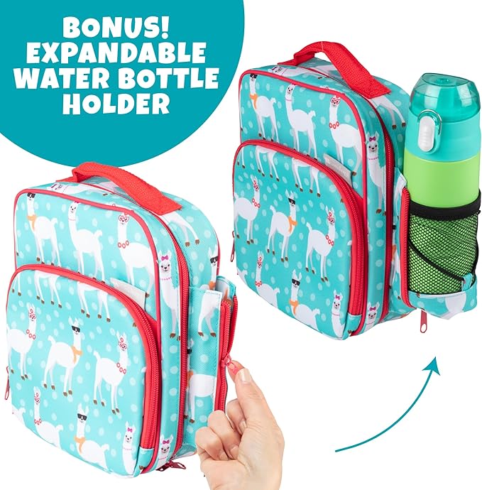 Kids Insulated Lunch Box w Snack Pocket & Expandable Water Bottle Holder For Girls- Waterproof Lunchbox Tote Keeps Food Hotter or Colder Longer - Reusable Back to School Bag Fits Most Bento Containers