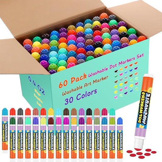 Crtiin 60 Pack Washable Dot Markers Set 30 Assorted Colors Bingo Daubers Bulk 0.4oz Dot Art Paint Markers Ideal for Art and Crafts Painting Coloring Bingo Supplies