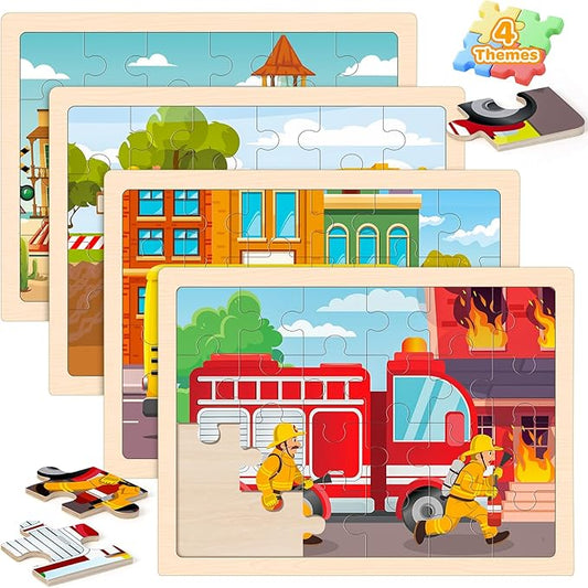 Wooden Puzzles for Kids Age 3 4 5 Year Old, 4 Pack 24 Pcs Toddler Jigsaw Puzzles for Girl Boy Vehicle Activities Preschool Learning Educational Birthday Gift Travel Autistic Wooden Toys