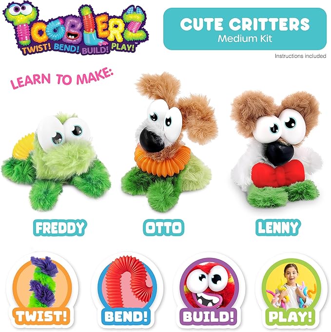WeVeel TOOBLERZ Cute Critters Medium Set – 12-Piece Mix-and-Match Craft Kit for Kids – Includes Fuzzy Chenille Sticks, Fidget Tubes & Character Accessories – Creative Toy for Ages 6+