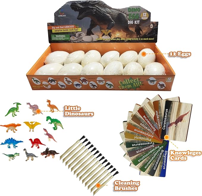 Dino Eggs Dig Kit 12Pcs Dinosaur Excavation Bricks Toys Archaeology Science STEM Experiments Toy Egg Hunt Party Gift for Kids 6-12 Years Old and Up Boys Girls